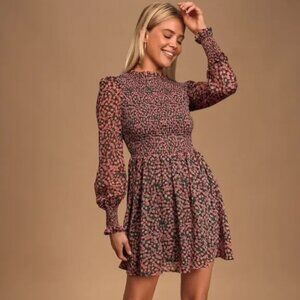 Lulus Floral Forever Green and Pink Smocked Long Sleeve Skater Mini Dress